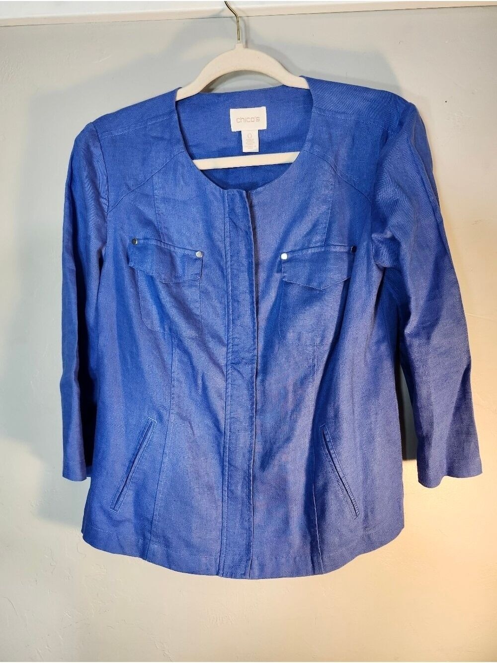 Chico's Cobalt Blue Collarless Women's Jacket 100% Linen